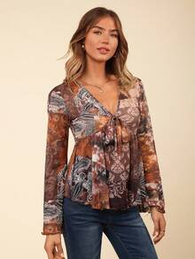 Coeurva 1pc Women's Paisley Print Tie Front Ruffle Trim Summer Blouse - Multicolor - View 6