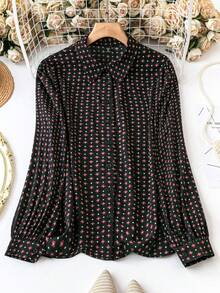 SHEIN Clasi 大码休闲通勤全印花灯笼袖衬衫 - 黑色 - 查看 1
