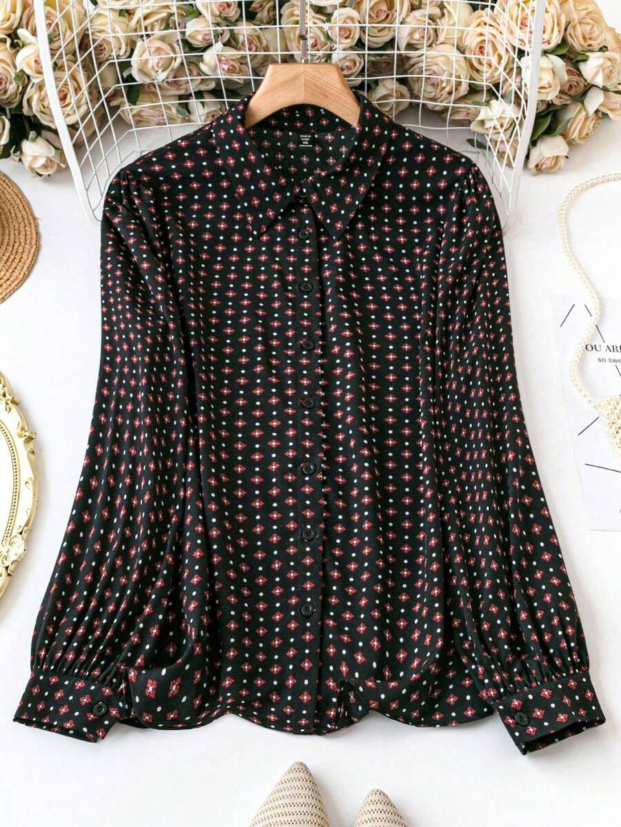 SHEIN Clasi 大码休闲通勤全印花灯笼袖衬衫 - 黑色 - 查看 1