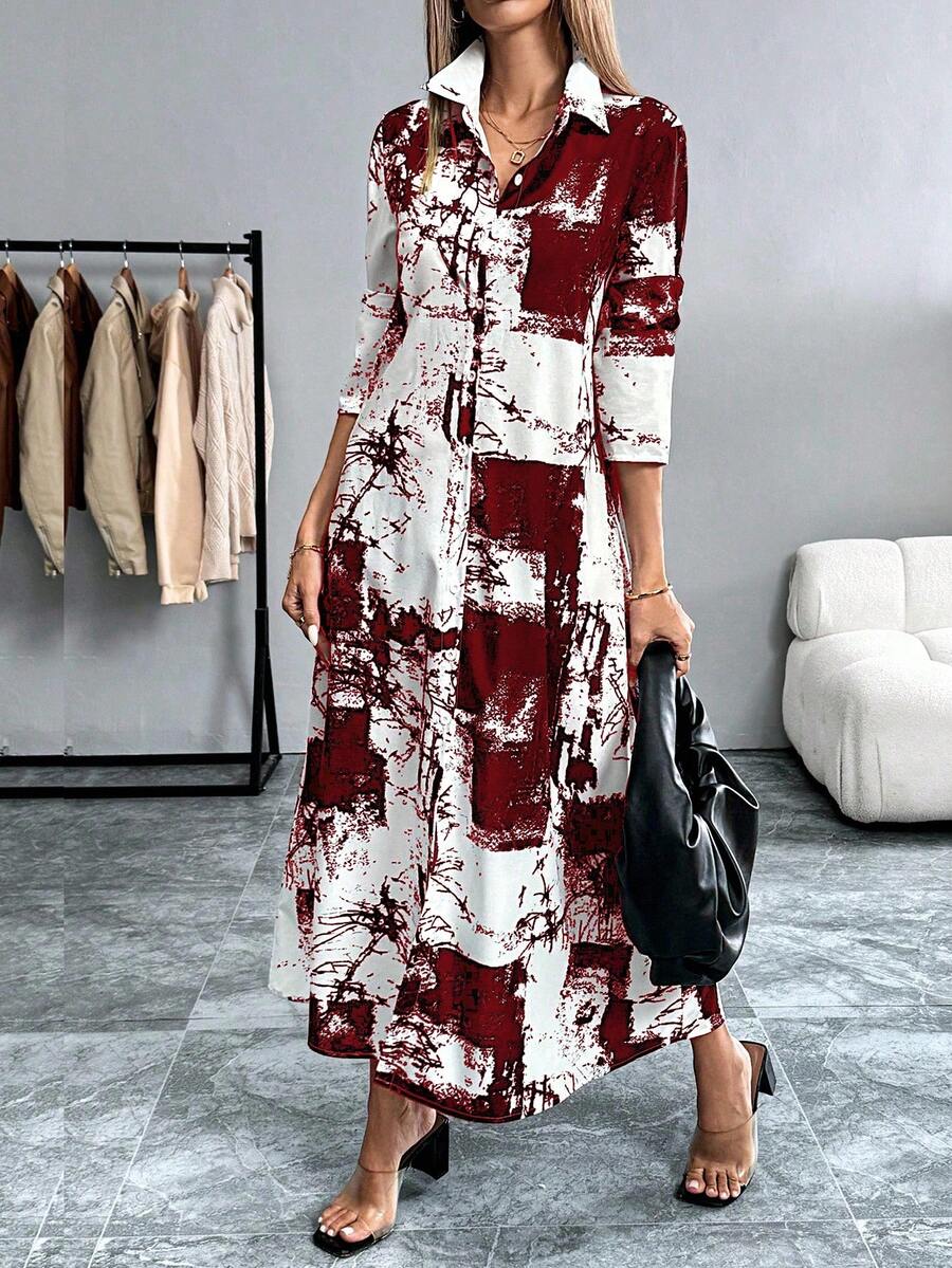 EMERY ROSE Váy sơ mi in họa tiết nhuộm loang thời trang dành cho nữ, váy dài Maxi mùa xuân thu dành cho nữ, váy dài thường ngày, váy dài tay dành cho nữ - Màu Đỏ Sâu - Xem 1