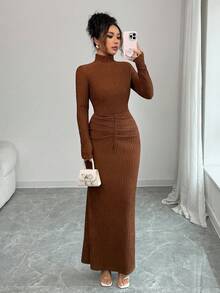 Rafferiza Vestido de punto elástico con cuello alto, manga larga y drapeado, versátil y sexy para el otoño/invierno