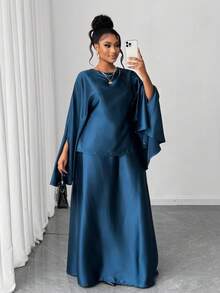 Maweii 大码优雅通勤纯色斗篷袖衬衫和加长裙两件套 - 藍色 - 查看 1