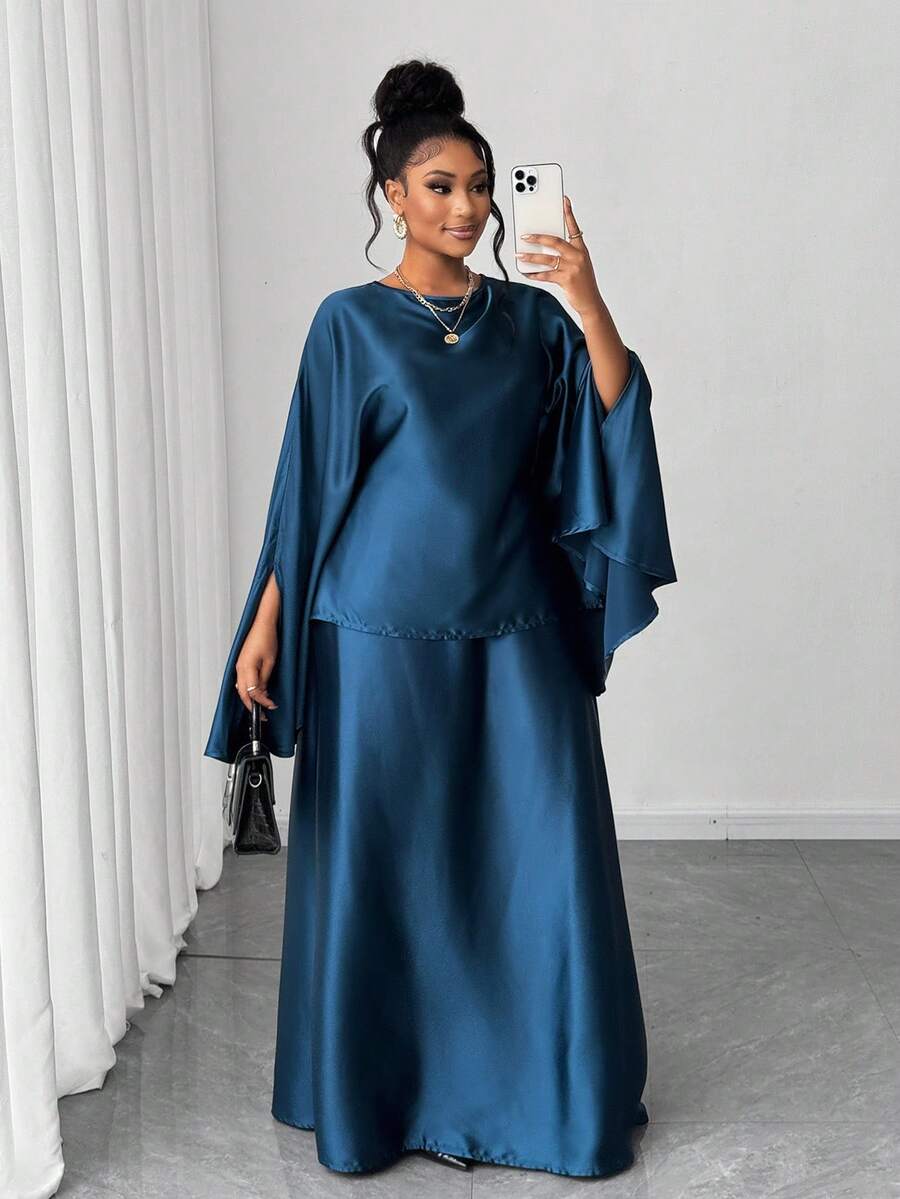 Maweii 大码优雅通勤纯色斗篷袖衬衫和加长裙两件套 - 藍色 - 查看 1