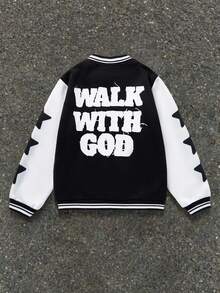 Tween Boys' Casual Everyday Letter & Star Print Baseball Collar Open Front Loose Knit Thick Jacket,In Fall/Winter,Winter Set,Winter Clothing,Fall Outfits,Fall Clothing,All Clothes For Kids,Black Tops ,Fall Tops ,Winter Outwear - Black - View 1