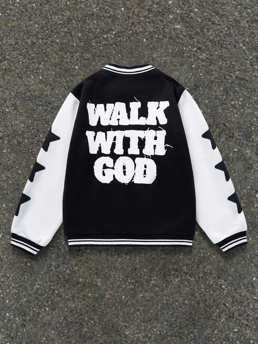 Tween Boys' Casual Everyday Letter & Star Print Baseball Collar Open Front Loose Knit Thick Jacket,In Fall/Winter,Winter Set,Winter Clothing,Fall Outfits,Fall Clothing,All Clothes For Kids,Black Tops ,Fall Tops ,Winter Outwear - Black - View 1