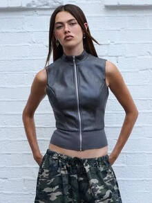 COUREZ Faux Leather Zip Up Vest /Y2K  Women Clothes  Clothes Cute Tops Going Out Top Spring Jacket Elegant - Black - View 2