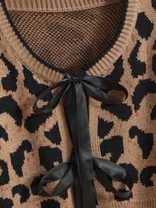 ROMWE Kawaii Bộ 2 áo len họa tiết da báo trang trí nơ cho nữ - màu nâu - Xem 4