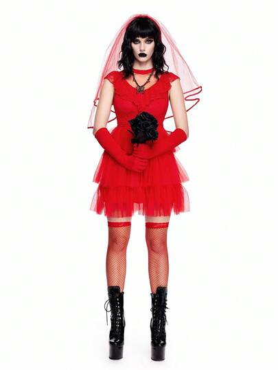 ROMWE Avant Váy dạ hội midi nhiều lớp màu đen huyền bí quyến rũ cho cô dâu đỏ quyến rũ dành cho nữ