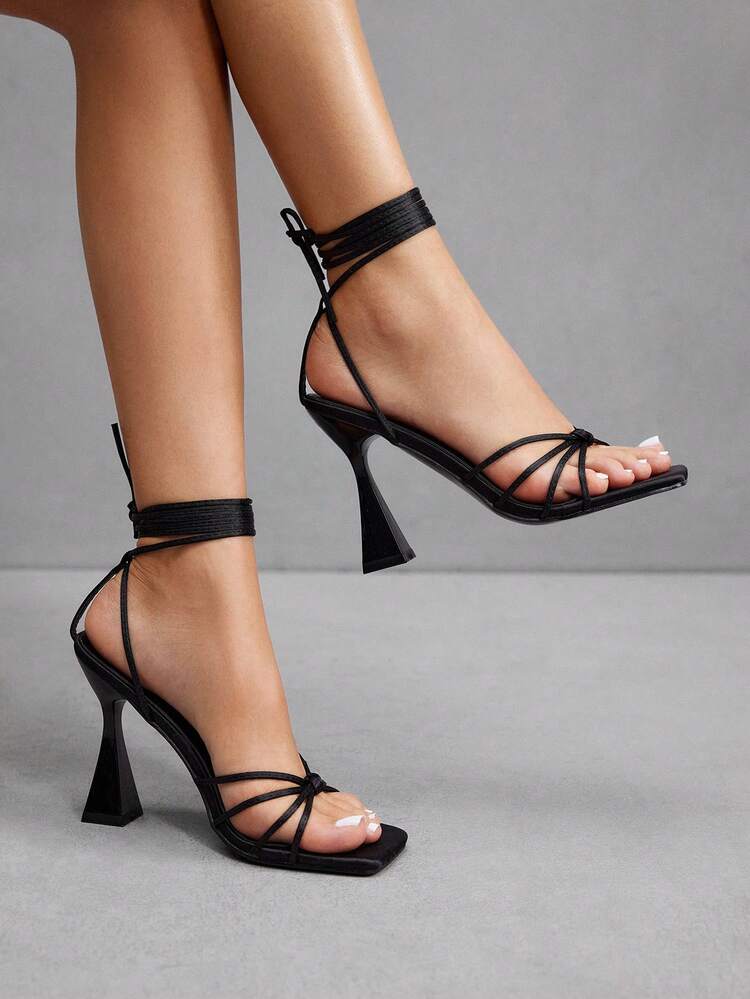 CUCCOO SZL Black Satin Satin Lace-Up Fashionable Sexy Chunky High Heel Square Toe Sandals