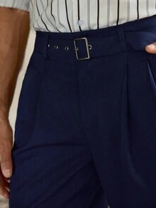 HIMLAND Men's Casual Solid Color Carrot Pants With Belt Decoration