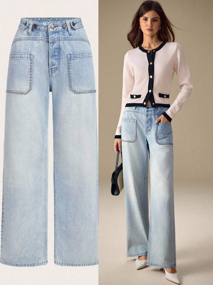 Selenza Women's Low Waist Button Fly Wide Leg Loose Casual Jeans