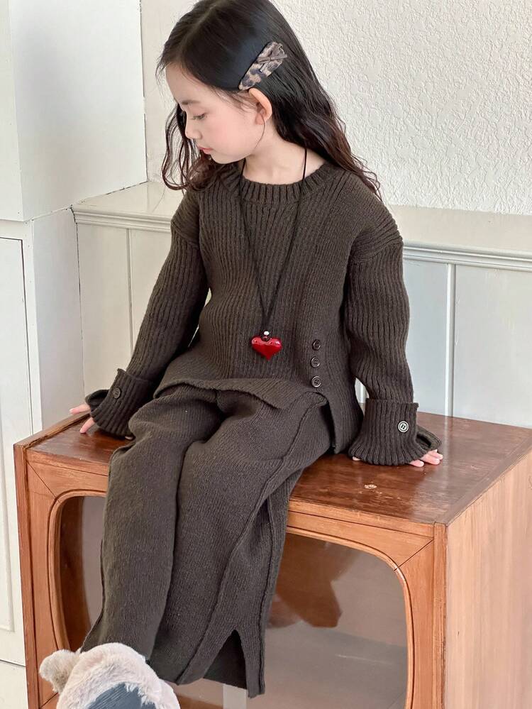 Young Girl Casual Daily Simple Solid Color Drop Shoulder Loose Cuffed Sleeve Split Hem Pullover Sweater And Wide Leg Sweater Pants Set, Autumn/Winter