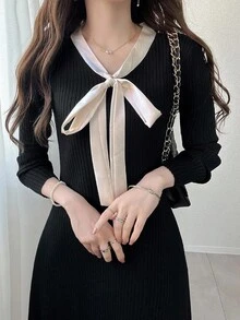 FRIFUL 女式蝴蝶结领装饰 A 字形拼色毛衣裙 - 黑色 - 查看 5