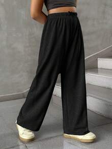 SHEIN Tween Girl Simple Front Tie Loose Sweatpants, Casual Daily Wear Fall Winter - Black - View 4
