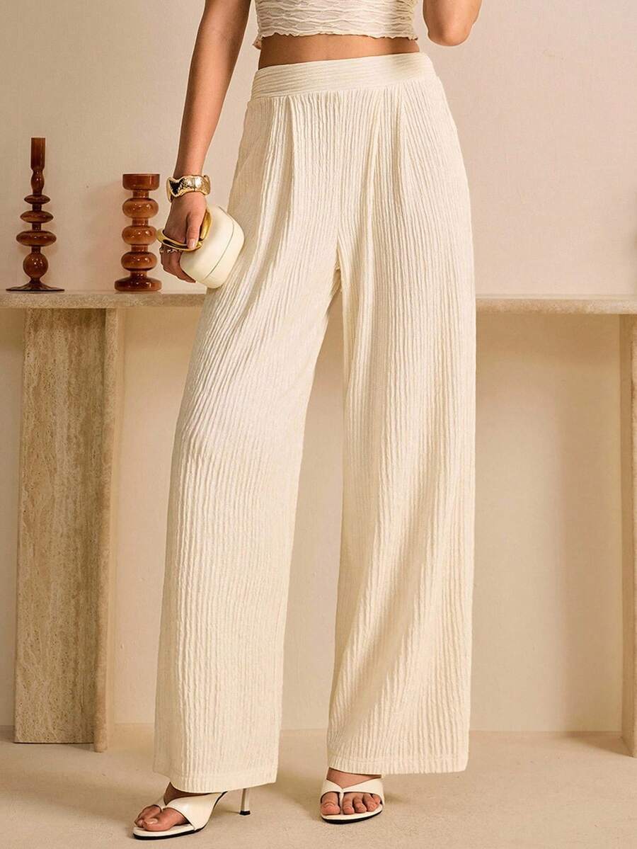 SHEIN Ladiora Women's Elegant High Waist Pleated Loose Straight Leg Pants, Textured Solid Color, Spring/Autumn - Apricot - View 1