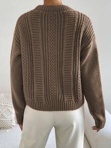 Chiquease Cable Knit Drop Shoulder Sweater,Long Sleeve Tops Knit Pullover Fall Winter Outfit - Khaki - View 2