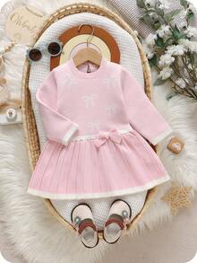 SHEIN Playful Pals Baby Girls' Casual Fashion Cute Pink Bow Pleated Knit Dress, Soft & Comfortable, Suitable For Daily, Outing, Travel, Holiday, Home, Nursery, Autumn/Winter, Christmas, Back To School, Party, Versatile Fall - Baby Pink - View 8