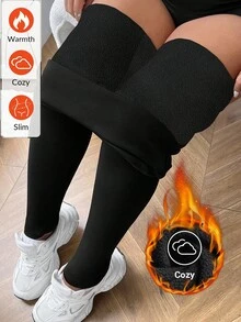 Solflare 2pcs/Set Plus Size Women Solid Color High Stretch Thick Leggings - Black - View 7