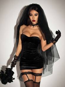 SHEIN ICON 2 件万圣节角色扮演性感派对哥特式黑色新娘天鹅绒头饰带面纱配饰，哥特式连衣裙 - 黑色 - 查看 3