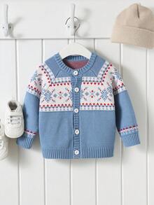 PrepCrw 1 件婴儿男孩/女孩优雅城市可爱费尔岛图案开衫毛衣，适合日常休闲、外出、聚会、秋冬季 - 彩色 - 查看 6