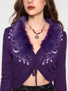 ROMWE Hippie Cárdigan de punto bordado con sol y luna, estilo vintage de bruja de noche misteriosa, con parches de piel de lujo para mujer - Morado - Ver 7