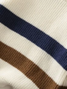 SHEIN Playful Pals Young Boy Thick Striped Knit Sweater, Long Sleeve, Autumn/Winter Fall - White - View 7