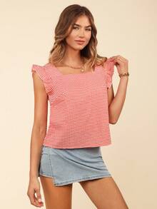 Coeurva Woven Check Pattern Cap Sleeve Square Collar Regular Fit Ladies Shirt, Vacation Style - Red and White - View 4