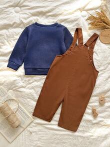 Vintaside Kids Babyboy 秋季圆领长袖可爱休闲狐狸刺绣上衣搭配时尚简约吊带长裤，适合温和天气、露营、度假、居家休闲穿着 - 彩色 - 查看 2