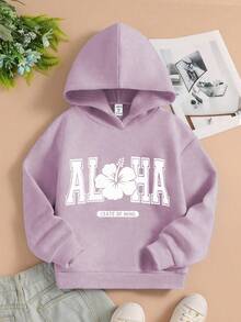 Sparklyn Teen Girl Casual Loose Fit Blue & White Floral Letter Print Sweatshirt Fall Winter - Purple - View 3