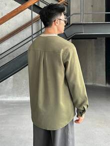 SWAVVY Men's Floral Print Casual Polo Shirt, Long Sleeve, Round Neck, Fall - Coffee Brown - View 3