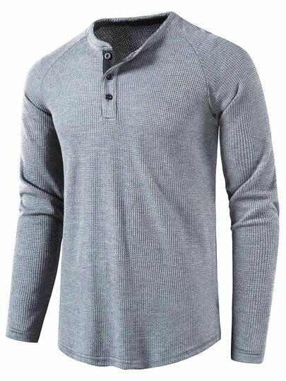 Manfinity Homme Camiseta casual de manga larga con botones y cuello henley, para salir, para el esposo, otoño
