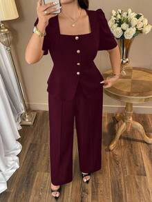 Auvina 大码女装休闲优雅方领纯黑色别致通勤衬衫外套+腰部收紧设计宽松长款直筒裤时尚休闲套装，高端阔腿裤 - 酒紅色 - 查看 4