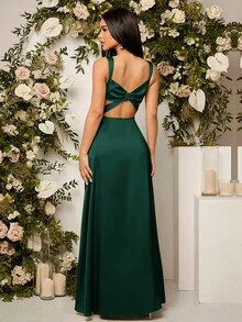 SHEIN Belle Váy phù dâu thanh lịch xẻ tà hai bên màu trơn dành cho nữ (Người lớn) - Màu xanh lá cây đậm - Xem 2