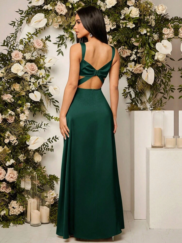 SHEIN Belle Vestido de dama de honor elegante de tirantes finos con abertura lateral y unicolor (adulto) - Verde Oscuro - Añade 2