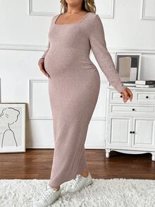 SHEIN Autumn And Winter  Maternity Plus Size Solid Color Square Neck Long Sleeve Ribbed Fitted Casual Dress Long Sleeve Maternity Dress Pregnant Dress Curve Maternity Clothes
