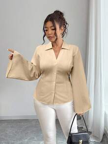 Elenzga 大码女式纯色长袖单排扣休闲/工作衬衫 - 卡其色 - 查看 3