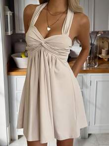 CovetEZ Vestido casual con cuello de corbata y espalda descubierta color albaricoque para mujer - Albaricoque - Ver 3