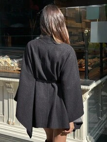 Aloruh 女士秋冬优雅高领蝙蝠袖收腰羊毛混纺大衣 - 灰色 - 查看 2