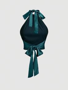 SHEIN MOD Olive Green Stand Collar Tie-Up Bow Backless Halter Top - Dark Green - View 2
