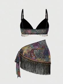 ROMWE Bộ bikini 2 mảnh họa tiết Paisley in hình lễ hội âm nhạc phương Tây phong cách Hippie cổ điển dành cho nữ, viền tua rua đính cườm và khăn sarong buộc dây - Nhiều màu - Xem 2