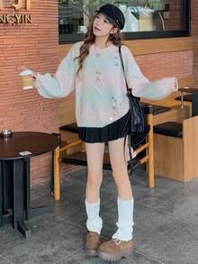 DAZY Damski luźny, swobodny, elegancki sweter w paski z nadrukiem tie-dye, kolorowy, dojazdowy, stylowy, z kryształkami i cekinami, jesień/zima - Miętowy niebieski - Zobacz 3