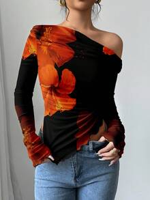 Firerie 休闲花卉印花露肩长袖修身女式T恤，适合秋季 - 黑色 - 查看 6