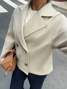 Sunnyshic Apricot Double-Sided Notched Collar, Double-Breasted Button, Pocket Long Sleeve Short Coat, Fashionable For Commuting, Office, Casual, Elegant Retro Style, Suitable For Autumn/Winter