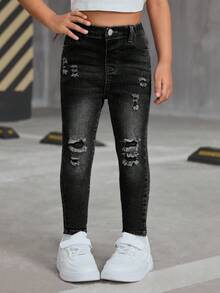SHEIN SLAYR KIDS SLAYR KIDS Young Girls Blue Denim Ripped Jeggings,Girl Fall Clothes - Black - View 5