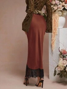 L'Amorae 纯色缎面蕾丝下摆细节低腰中长裙 - 鏽棕色 - 查看 3