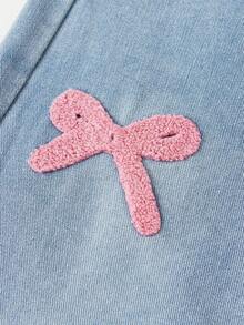 Girlism 少女Y2K浅色水洗高腰抽绳蝴蝶结刺绣口袋可爱阔腿牛仔裤，休闲宽松，秋冬返校季牛仔裤，街头复古风，舒适百搭，适合8-12岁女孩，适合上学、居家和旅行，刺绣牛仔裤 - 淺色水洗藍 - 查看 3