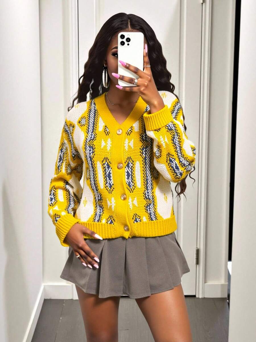 Zolique Color Contrast Pattern Short Casual Cardigans, Autumn/Winter,Long Sleeve Tops Fall Cloth For Women - Yellow - View 1