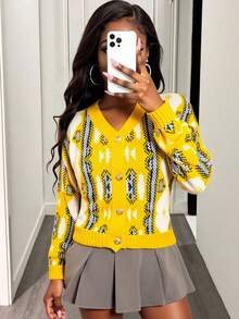 Zolique Color Contrast Pattern Short Casual Cardigans, Autumn/Winter,Long Sleeve Tops Fall Cloth For Women - Yellow - View 5