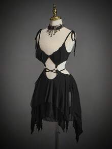 SHEIN ICON 女式性感万圣节吸血蝙蝠不对称下摆系带迷你连衣裙 - 黑色 - 查看 3