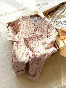 Vintaside Kids Baby Girl Infant Casual Cute Ditsy Floral Long Sleeve Jumpsuit And Matching Hat, Suitable For Daily Wear, Outing, Home, Hiking, Spring And Autumn Seasons Fall Winter